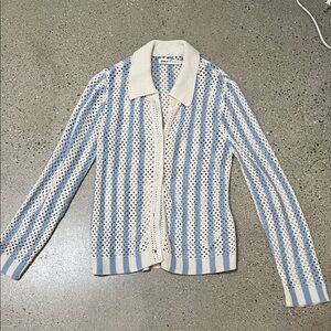 Blue and White Striped Knit Cardigan